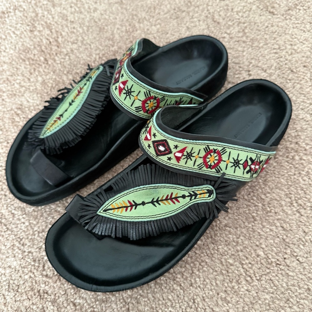 Isabel Marant Black and Green Embroidered Sandals